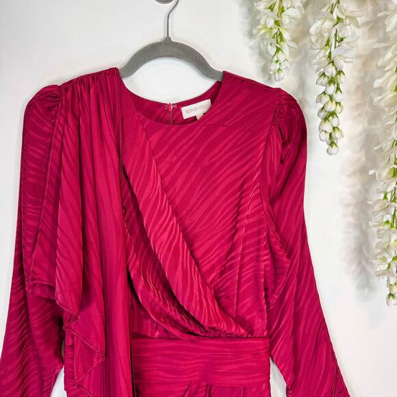 RONNY KOBO Shanaya puff shoulder satin mini dress faux wrap red - Picture 3 of 10